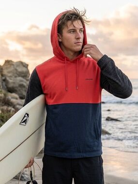 Volcom ColorBlock Hoodie Sweatshirt Mens M Blue Gray Red Pullover Long Sleeve